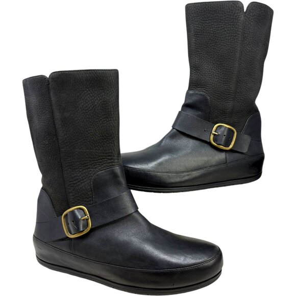 Fitflop Dueboot Black Pebbled Nubuck Leather Mid Calf Moto Boot - Picture 13 of 13